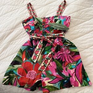 FARM RIO Jardin De Reve Linen Blend Romper Medium Pink Green Red Multicolor NWT